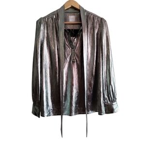 Sen Women's S Silver Metallic Long Sleeve Blouse Party Cocktail Glam